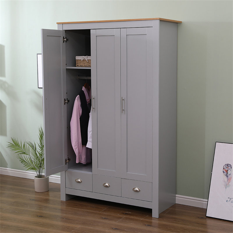 Analeece 3 Door Manufactured Wood Wardrobe, Grey