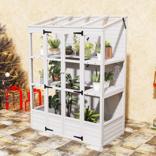 78-inch Wood Outdoor Greenhouse with Skylights, Adjustable Folding Shelves and Anti-Fall Protection