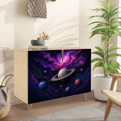 Buffet Buffet avec rangement surréaliste Saturn Planets Vibrant Cosmic Nebula Landscape avec 2 portes pour le salon et la cuisine
