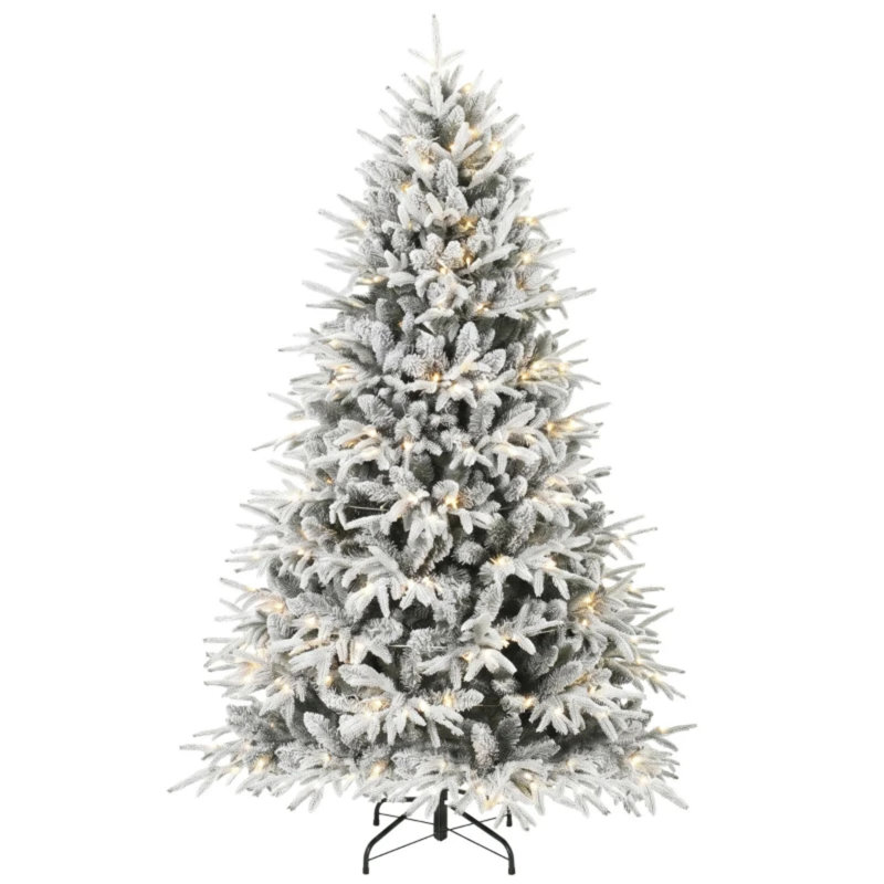 Sapin de Noël artificiel pré-illuminé, recouvert de neige blanche et verte, lumières DEL blanc chaud, branches articulées et base métallique pliable pour la décoration intérieure des fêtes.