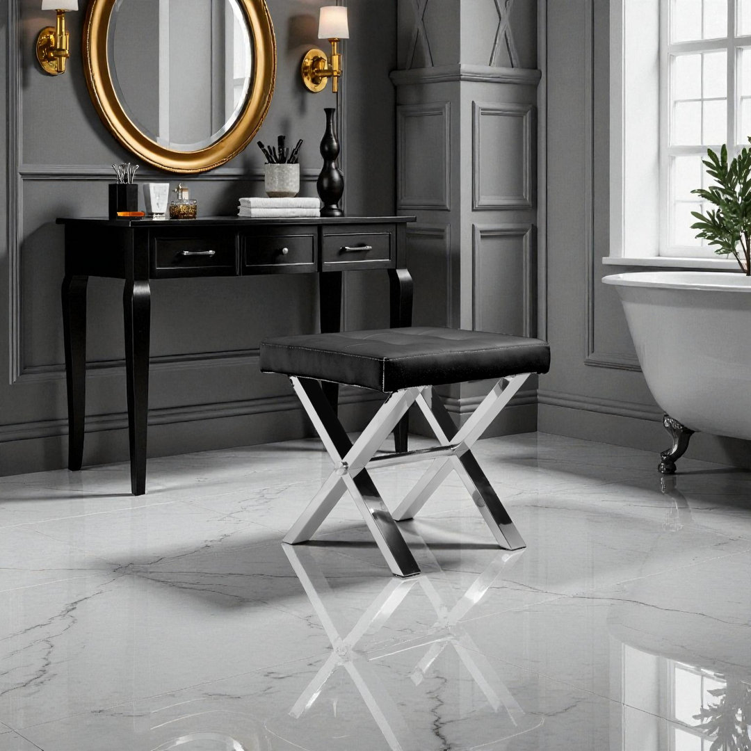 Modern Beverly Stool – Upholstered Seat with Polished Steel X-Base – Available in White or Black PU Wade Logan®