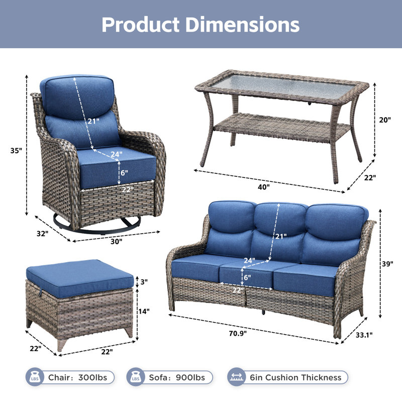 7-9 Person Outdoor Wicker Patio Conversation Set With Swivel Chairs And Coffee Table, Gray, Blue