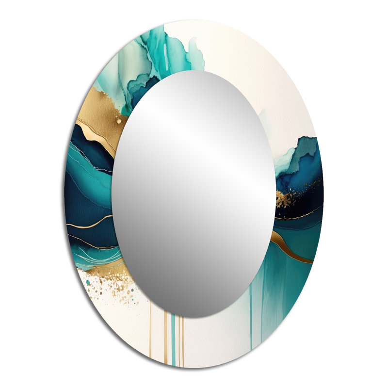 Teal And Gold Abstract Expression II - Large Oval Wall Mirror On Metal, 40" x 30"