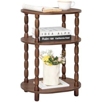 Petite table d'appoint ovale à 3 niveaux, idéale pour le salon ou la chambre à coucher, couleur noyer brun.