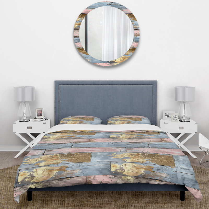 Ensemble de housse de couette Blush Blue and Gold Wood Plank I - Country, Housse de couette pour grand lit + 2 taies décora
