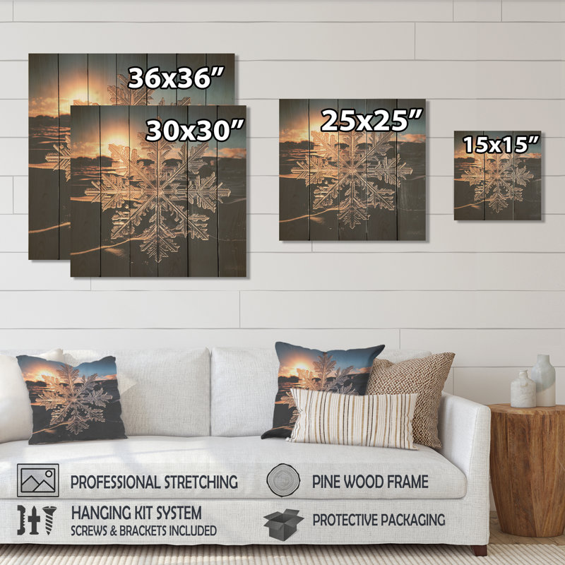 «Sunrise Snowflake Tranquility I», paysage d'hiver sur bois, H 36 po x l 36 po