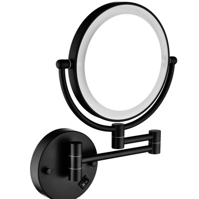 Miroir de meuble-lavabo mural DEL à deux grossissements - 8 pouces, extension de 12 pouces, noir mat, grossissement 1 / 3X, rotatif 360 °, support de rasage imperméable, finition noire, degré de rotation, bouton