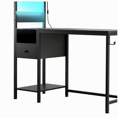 Computer Desk with Power Outlet & Storage Shelves, Study Writing Table with USB Ports Charging Station, PC Desk Workstation