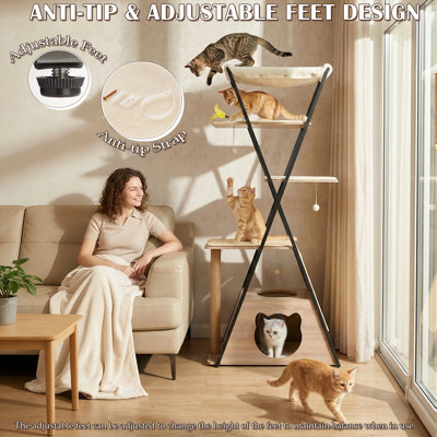 Arbre à chat 71 po industriel moderne: tour en bois multi-niveaux avec structure en métal et patins lavables