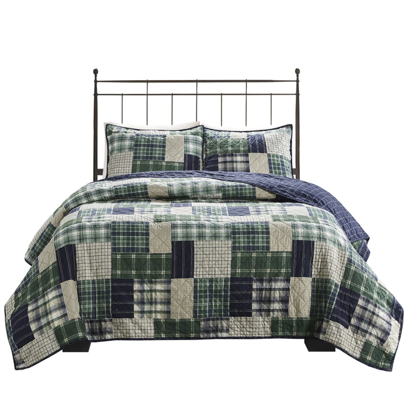 Courtepointe très grand / très grand et bleu marine, imprimé patchwork réversible, revers en tissu écossais, rembourrage en coton, taies décoratives à fermeture à glissière, tissu bleu marine lavable, tissu écossais, fermeture à glissière, facilement