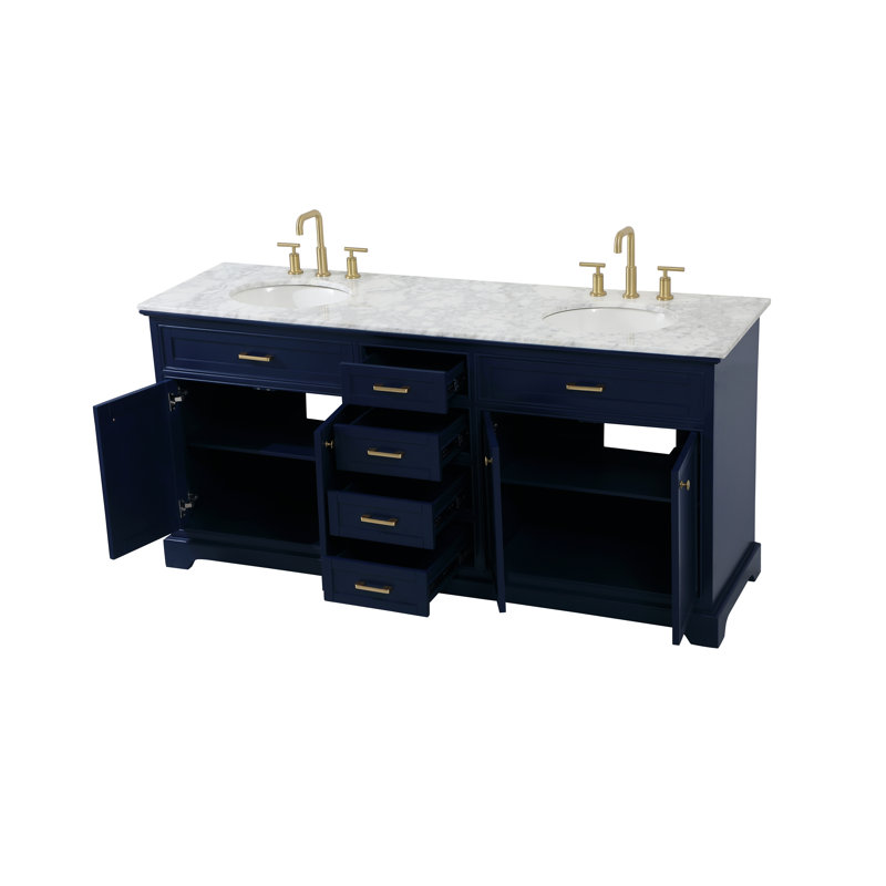 Ensemble de meuble-lavabo double 72 po Hermes, Bleu très foncé, Blanc de Carrare / gris