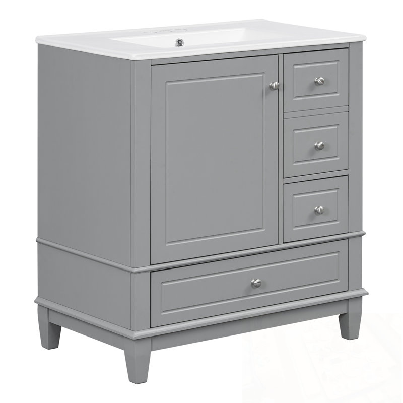 Meuble-lavabo avec lavabo, tablette et trois tiroirs, Gris