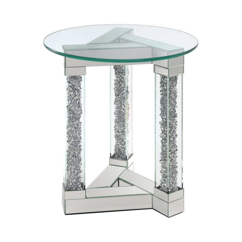 Table de bout ronde Amond avec plateau en verre transparent et miroir
