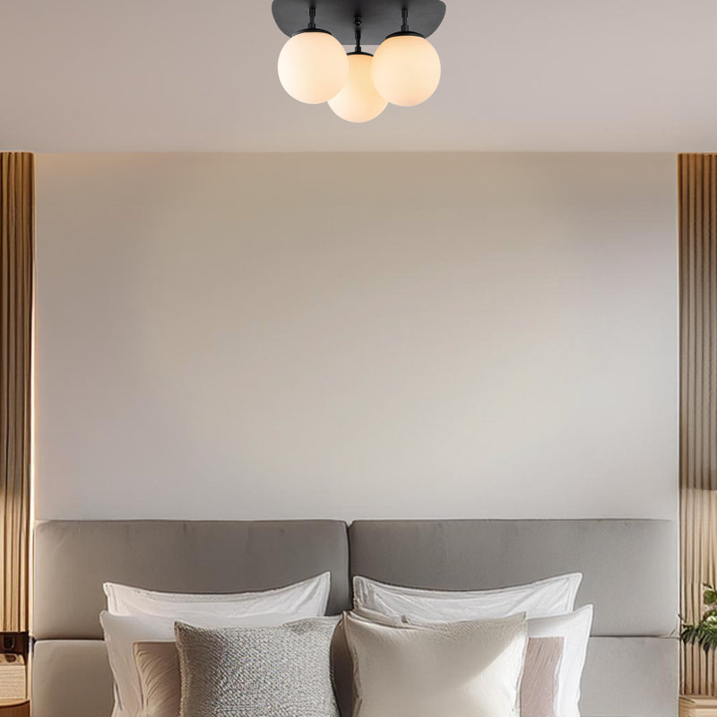 3 Lights Metal Body Globe Semi Flush Mount With Glass Cap, Black/White