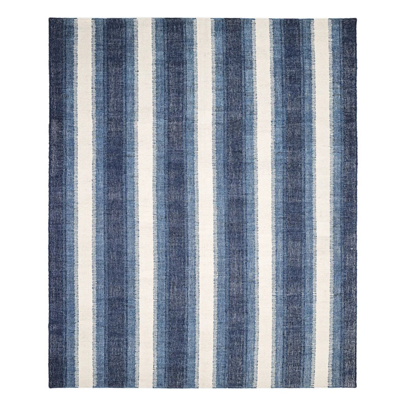 Tapis rayé bleu tissé à plat Viceme, Rectangle 8 pi x 10 pi