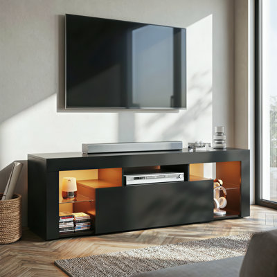 Support avec lumières DEL et 2 grands tiroirs de rangement, centre de divertissement moderne pour téléviseurs de 32/43/50/55/60 pouces, console de télévision robuste pour le salon et la chambre à coucher