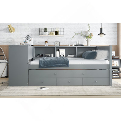 Lit de jour avec couchette, structure de lit de jour en bois avec tiroirs de rangement et tablettes latérales, lit de jour avec bureau, aucune boîte à ressorts nécessaire