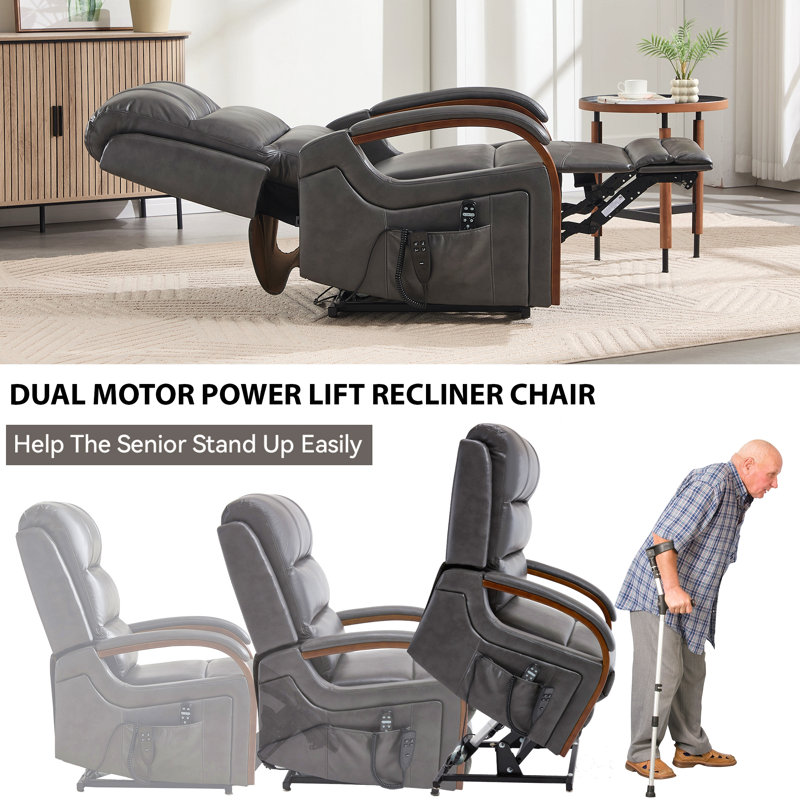 Power Leatheraire Lift Recliner Chair Dual Motor Infinite Position With Solid Wood Armrests, Heat Massage And Heavy Duty Motion Mechanism