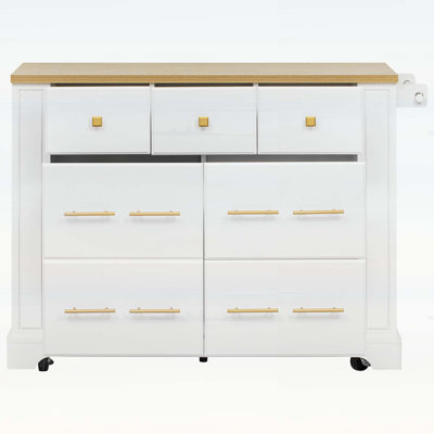 Rolling Kitchen Island with 6 Drawers,Pull Out Trash Can Storage,and Drop Leaf,Power Outlet,5 Wheels