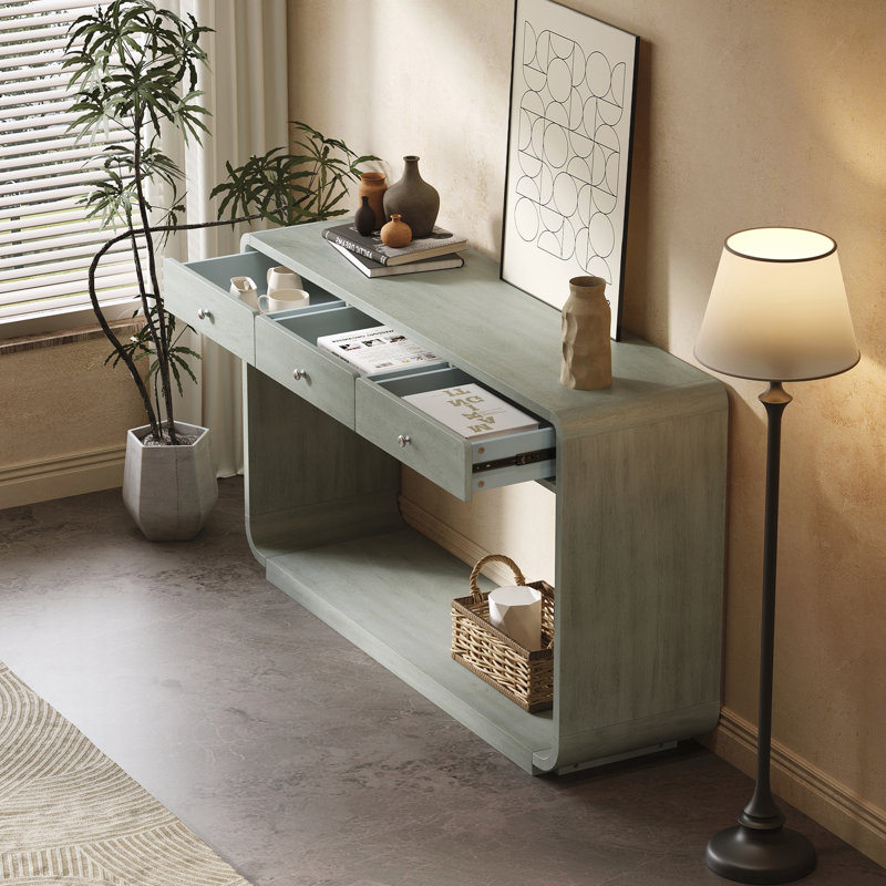 Console, 3 tiroirs de rangement, tablette de présentation, pieds courbés, Sage Green, Sage Green, Sage Green