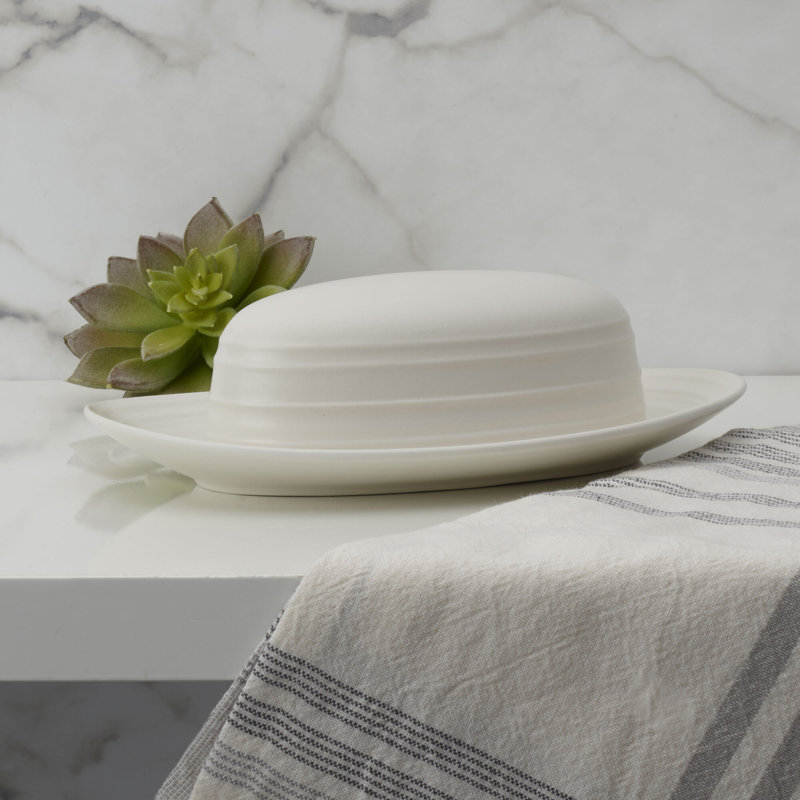 Swirl White 9 in. Covered Butter Dish