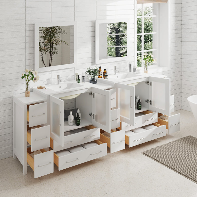 Modern 96" Double Sink Freestanding Bathroom Vanity with Ceramic Top and Matching Mirrors, White
