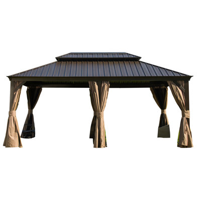 12'X18' Outdoor Gazebo With Aluminum Frame And Galvanized Steel Roof Brown - Curtains, For Family Time Patio Gazebo, Double Roof, Construction, Flame- Curtains Netting