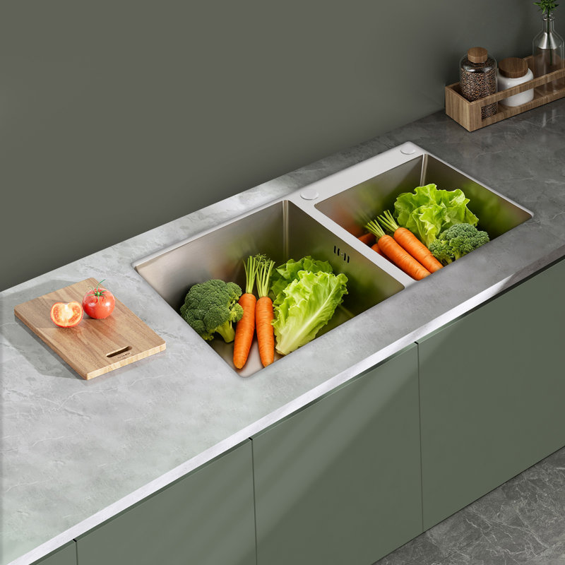 Évier de cuisine à double cuve rectangulaire moderne en acier inoxydable, Argent argent
