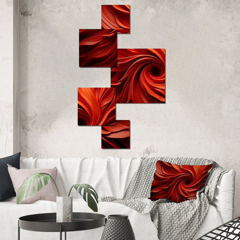 «Red Abstract Spiral Dreamscape I», ensemble d'art mural carré à spirales abstraites de 5