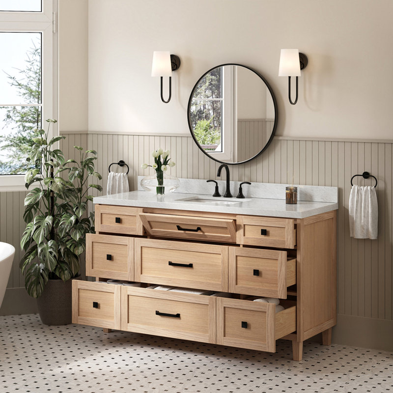 Meuble-lavabo à simple cuve en bois massif 61 po ARIEL Monroe, Chêne, 60" - 61", Marbre de Carrare italien