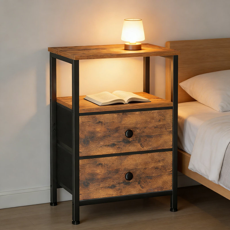 Table de chevet avec 2 tiroirs en tissu et tablette ouverte, table de chevet ou de bout industrielle moderne pour la chambre à coucher et le salon, solution de rangement compacte