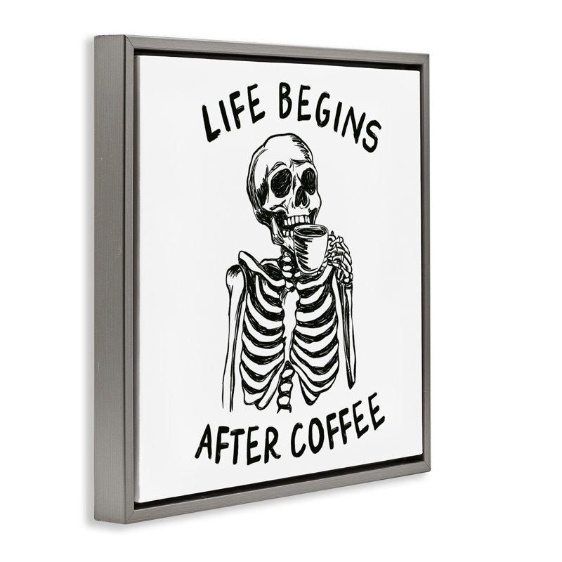 Cadre de vie flottant «Life Begins After Coffee» par JJ Design House LLC, Cadre flottant gris lustré, H 18 po x l 18 po