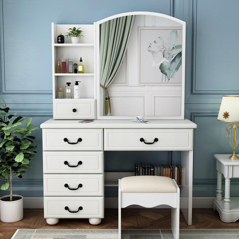 Meuble-lavabo blanc avec lumières et miroir - 3 options de couleurs, choix de maquillage spacieux et spacieux