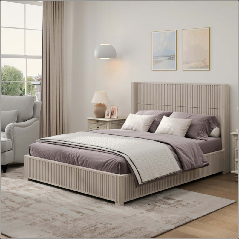 Structure de lit plateforme en bois avec tête de lit, aucun sommier requis, lit sur pied, assemblage facile, Beige, Queen