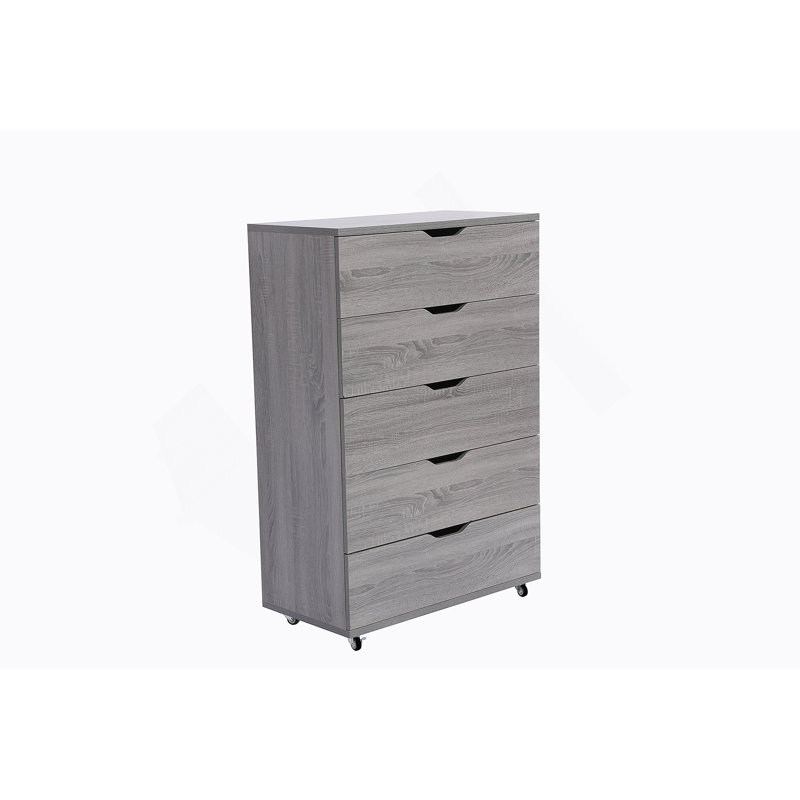 Commode à 5 tiroirs avec roulettes, Gris