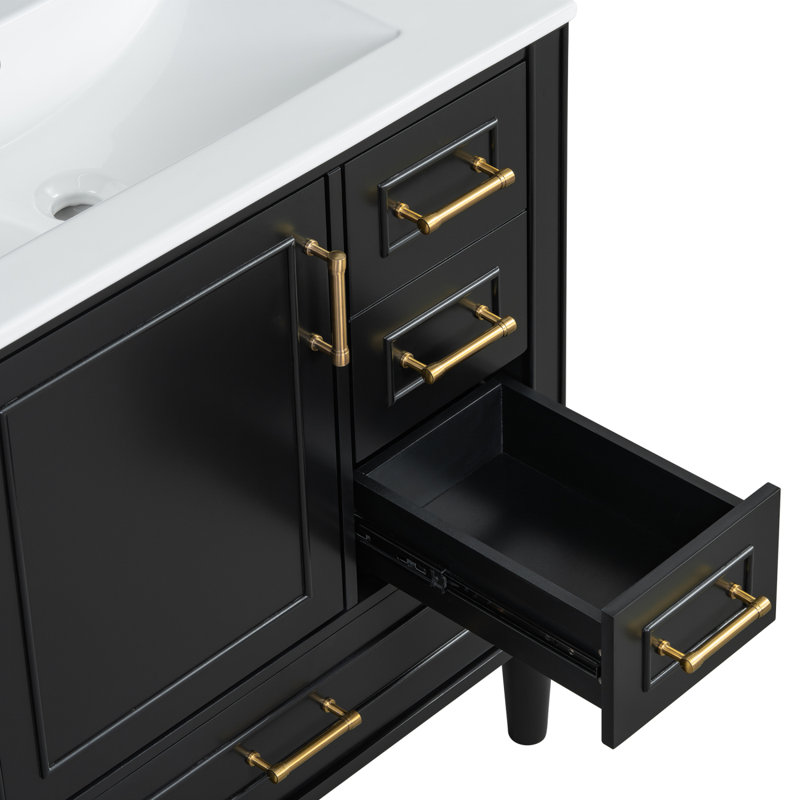 Meuble-lavabo avec porte en verre / tablettes réglables / et trois tiroirs / meuble-lavabo, Noir