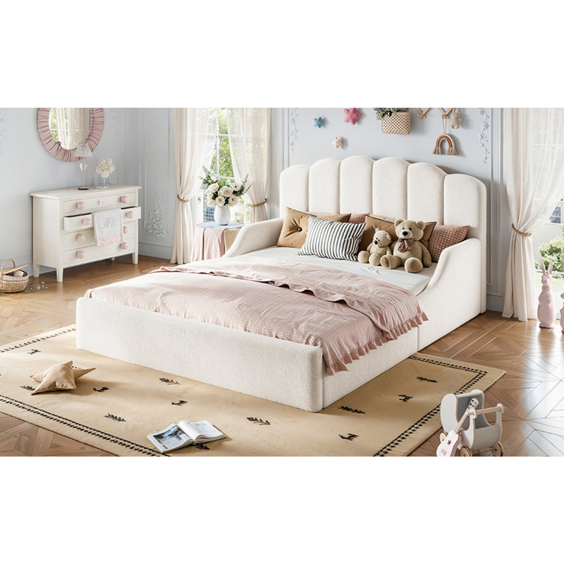 Lit de sol rembourré en tissu Teddy, cadre de lit pour enfant bas, Grand lit, Blanc antique