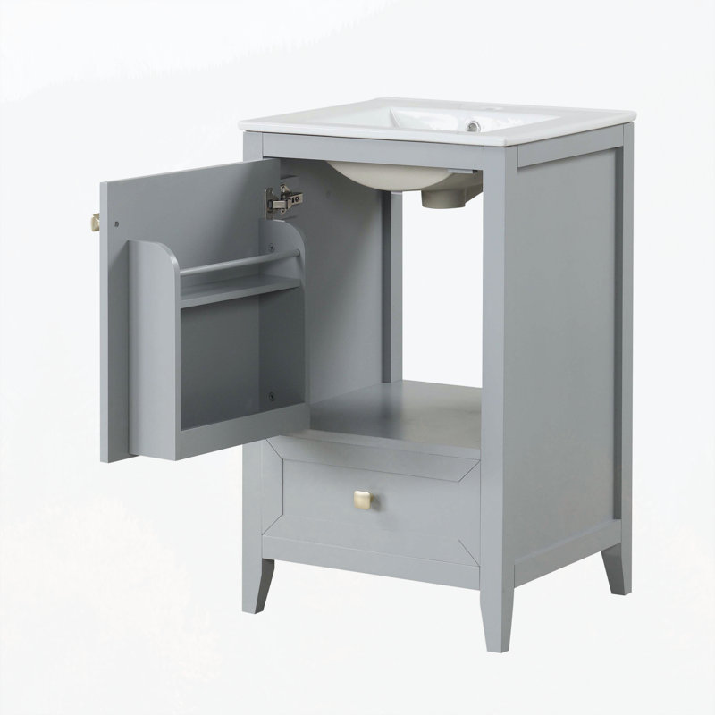 Gray MDF Freestanding Bathroom Vanity with White Ceramic Sink