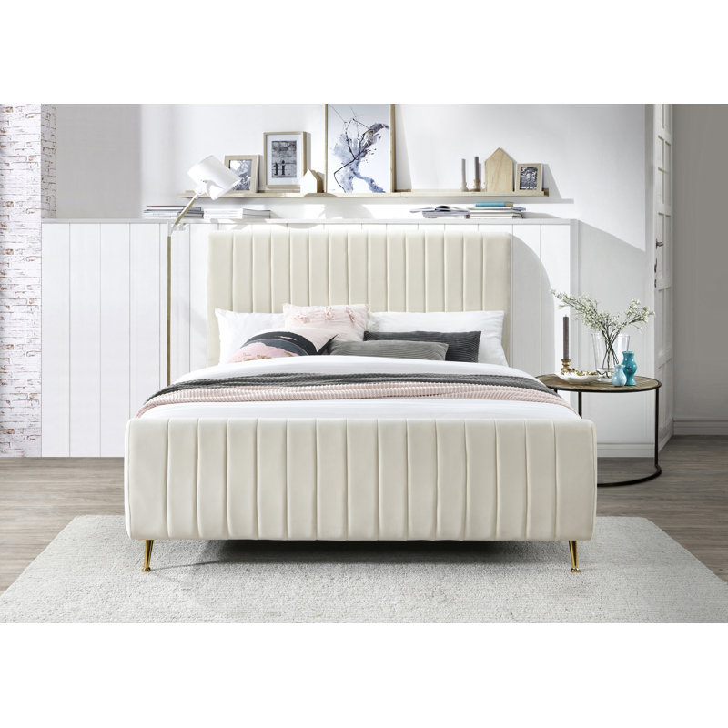 Zara Tufted Upholstered Low Profile Platform Bed, Cream Velvet, Queen