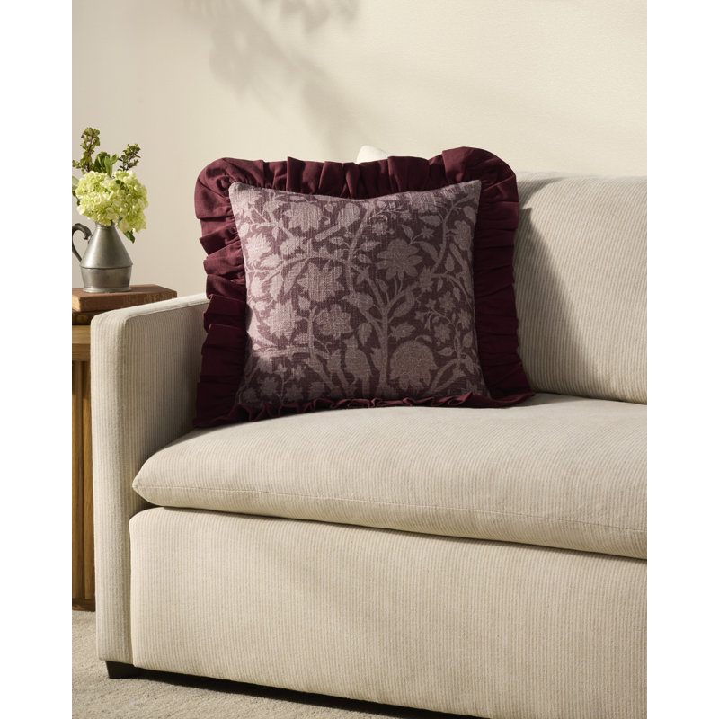 Wine Floral Ruffled 18'' x 18'' Throw Pillow Cover