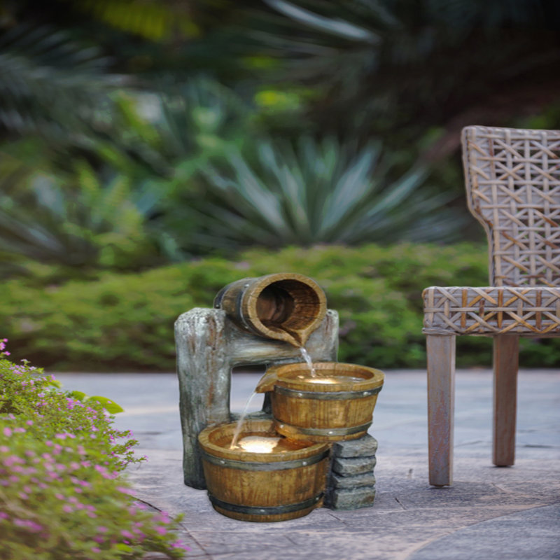 Fontaine dÃ©corative Ã  trois niveaux en forme de seau, 26,4 x 24 x 48,5 cm, avec lumiÃ¨res et pompe, marron