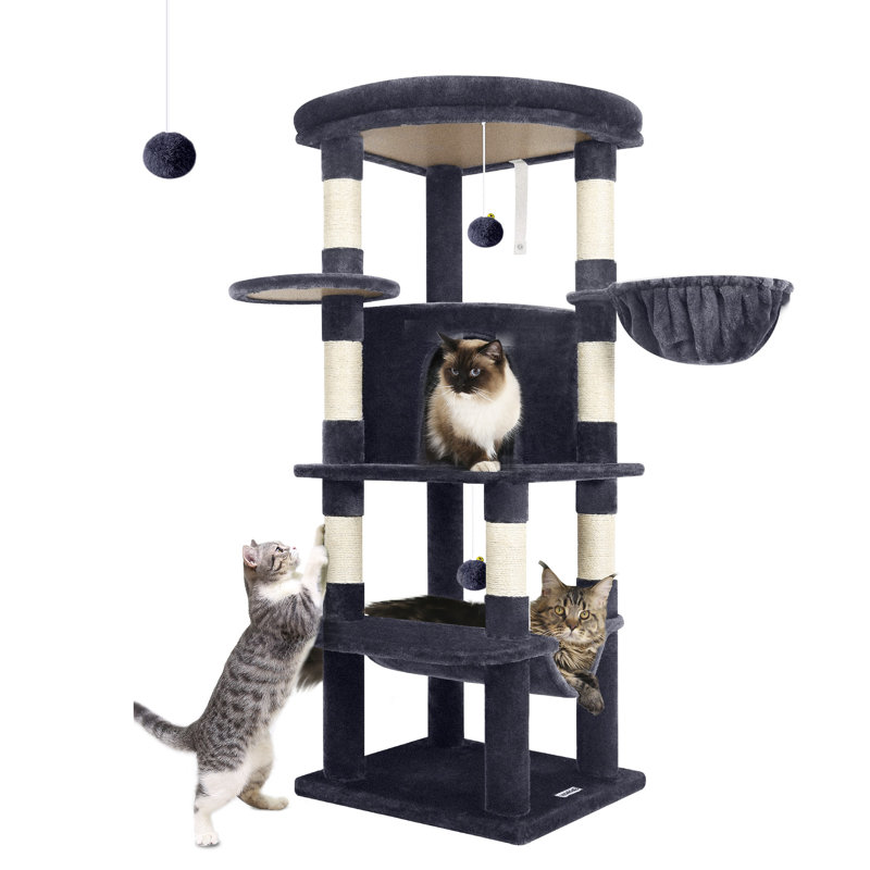 Structure d'escalade pour chat de 51 pouces, arbre à chat à plusieurs niveaux pouvant accueillir 3 à 4 chats, avec condo, poteaux à griffer en sisal et hamac, structure stable et structure d'escalade intérieure peu encombrante.