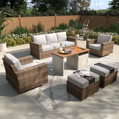 7 - Person Outdoor Wicker Patio Conversation Furniture Set With Fire Pit Table