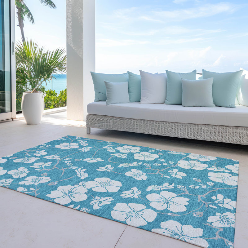 Turquoise Floral Synthetic Washable Rectangular Area Rug