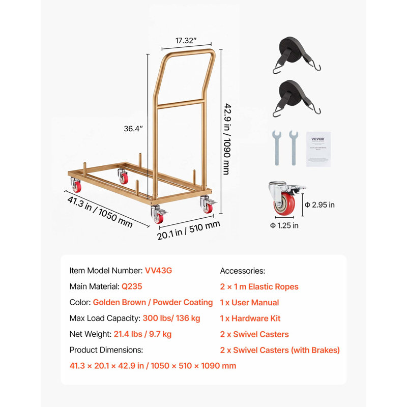 Folding Chair Cart 300 lbs for 25 Chairs L-Shape Horizontal Placement, for Commercial & Home Kitchen, Heavy-Duty Carbon Steel, Easy to Move, Storage Dolly, with Locking Swivel Wheels & Handle