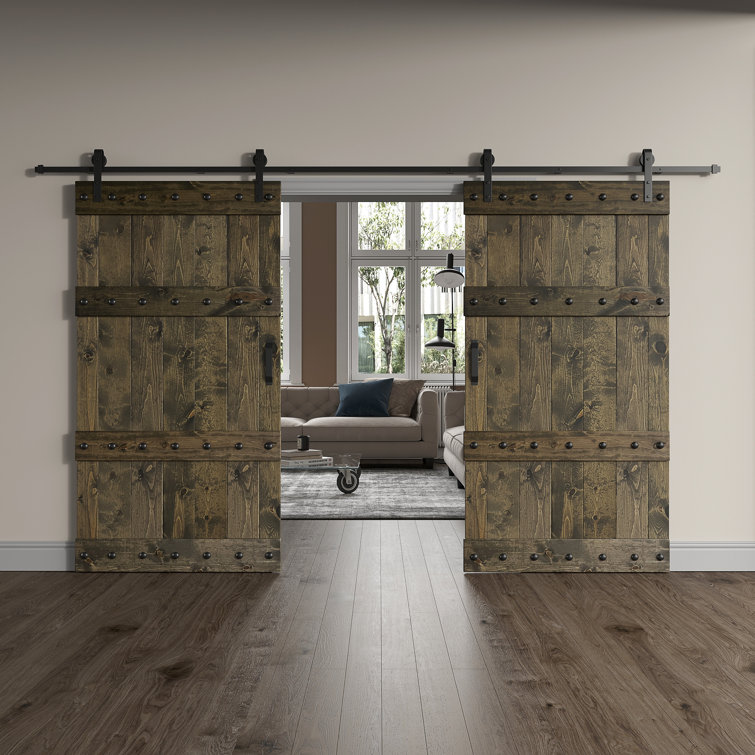 Castle Series Pine Wood Double Sliding Barn Door with Hardware Kit