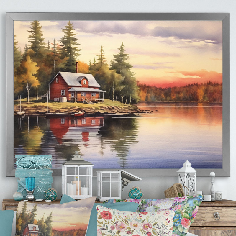 Cottage caché sur toile, Cadre simple argenté, H 12 po x l 20 po x P 1 po