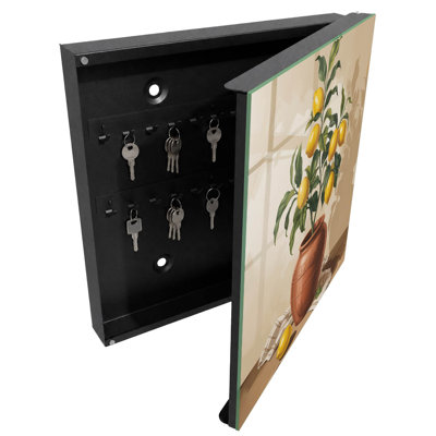 Key cabinet, Opens to the left, 30x30x5, White, Green leaves yellow lemons warm background, 