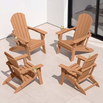 Ensemble de 4 chaises Adirondack pliantes, texture bois, porte-gobelet, PEHD toutes saisons