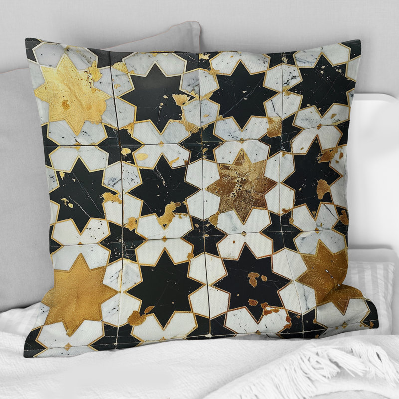 Coussin décoratif à carreaux marocains noirs et or II, H 16 po x l 16 po